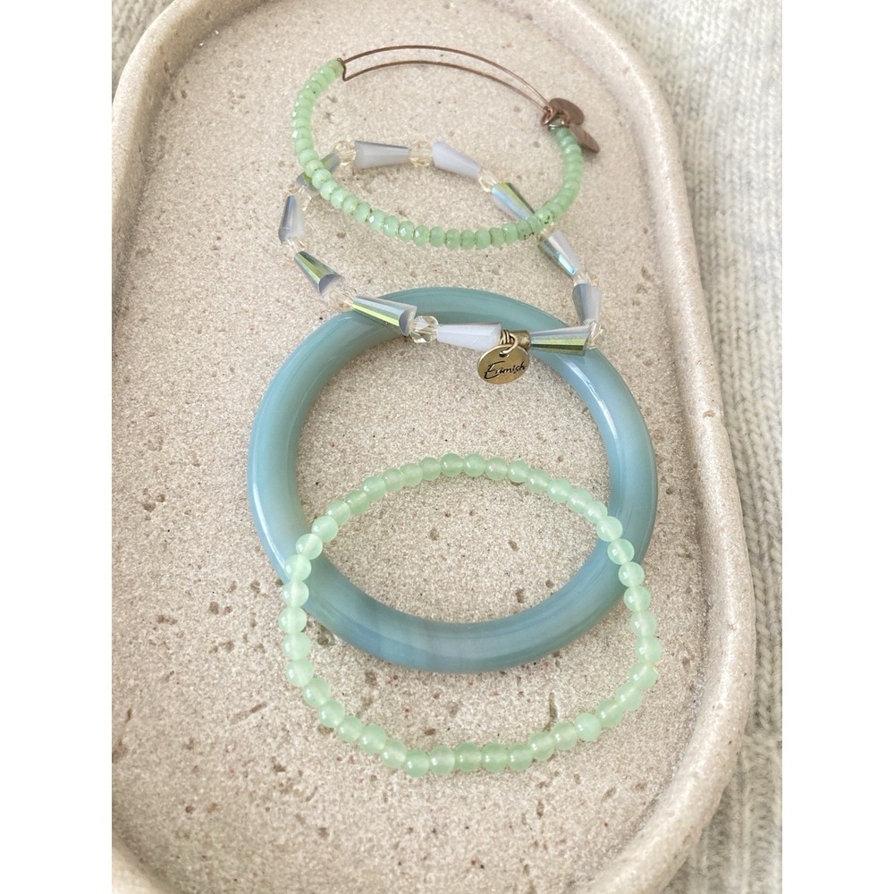 Romantic Bracelet Set Of 4 Aqua Blue Bangle‎ Green Beads Layered Stacking Whimsy
